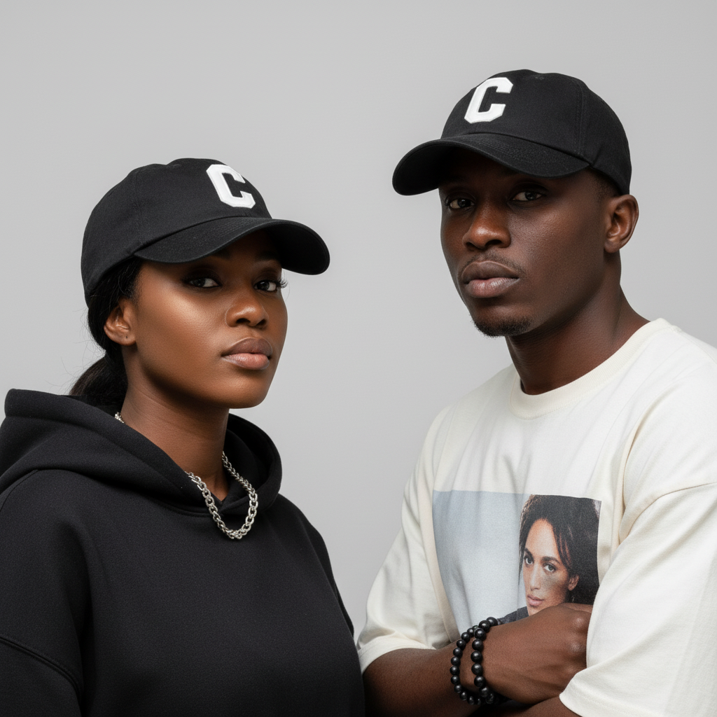Nigerian male and female models wearing black C patch varsity dad cap