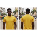 Young Nigerian male model wearing yellow polo shirt, front and back view, Nigerian urban background