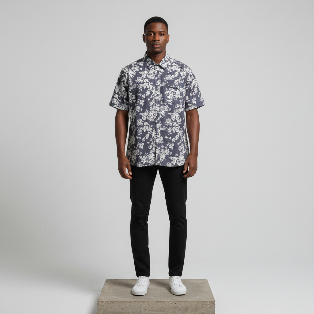 Charcoal Floral Print Short-Sleeved Shirt - Model Shot