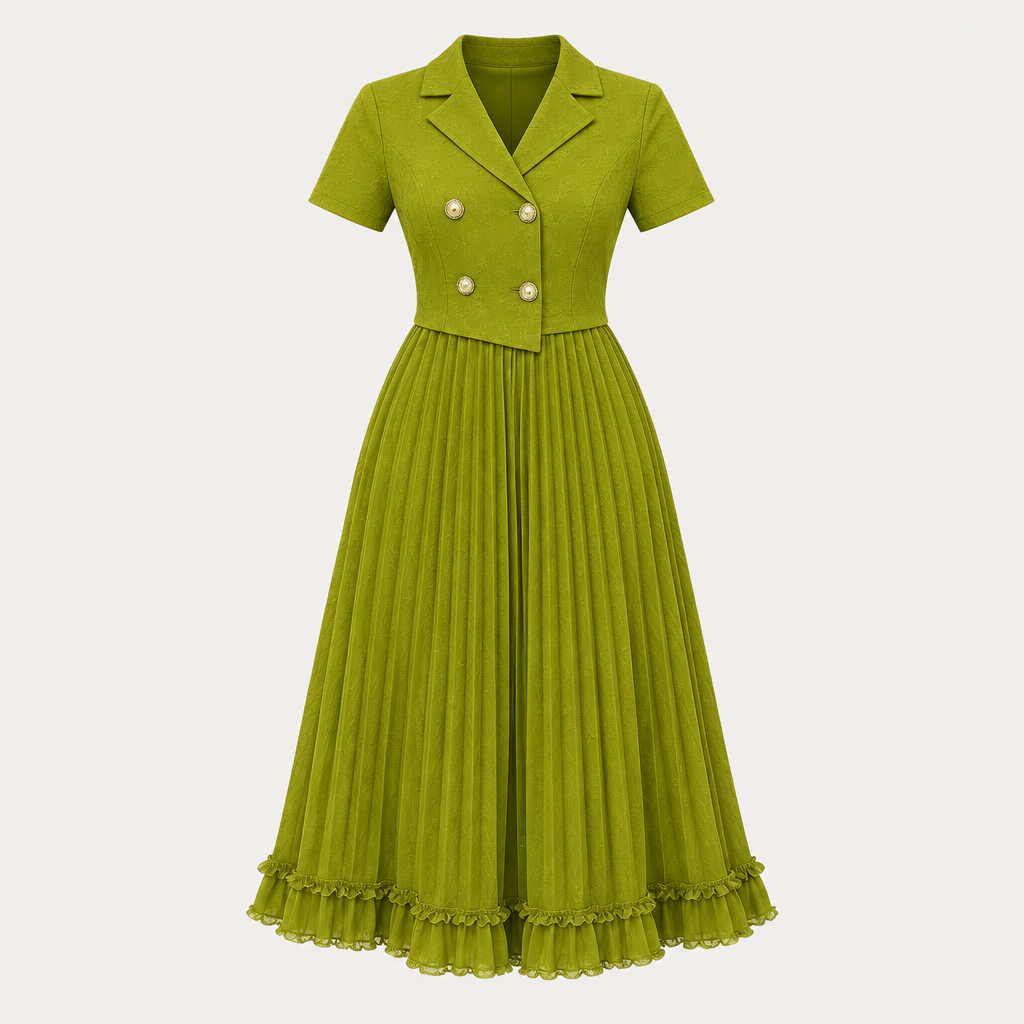 Ghost mannequin view of a chartreuse pleated midi gown with a double-breasted bodice and ruffle hem
