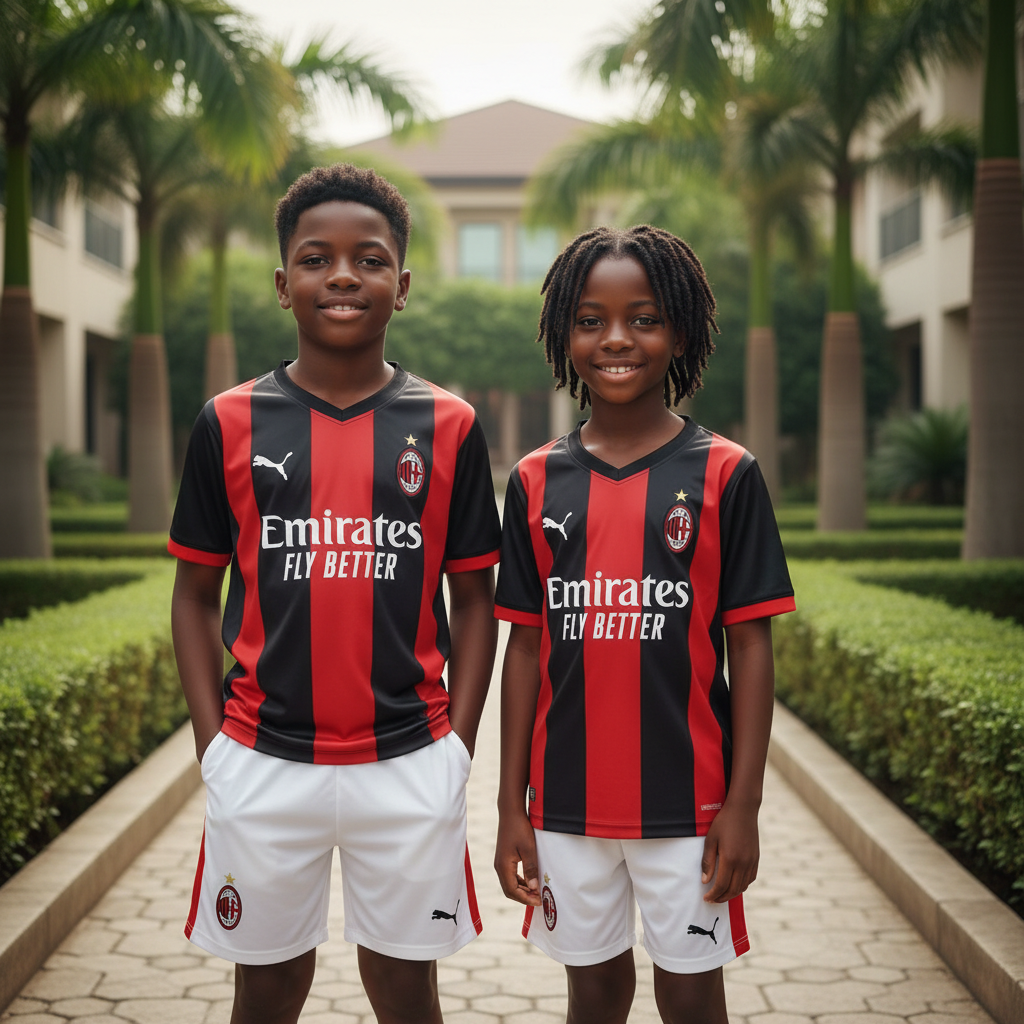 Nigerian boy and girl wearing black and red stripe kids football jersey set with white shorts