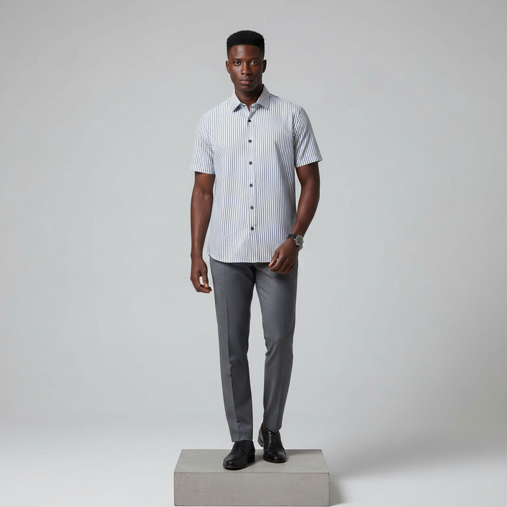Nigerian male model wearing white navy pinstripe short-sleeved shirt, front view
