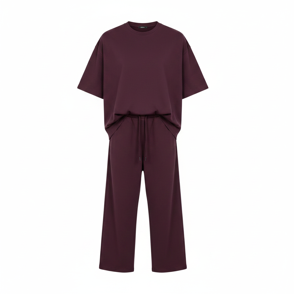 Deep plum matching co-ord set on ghost mannequin, white background