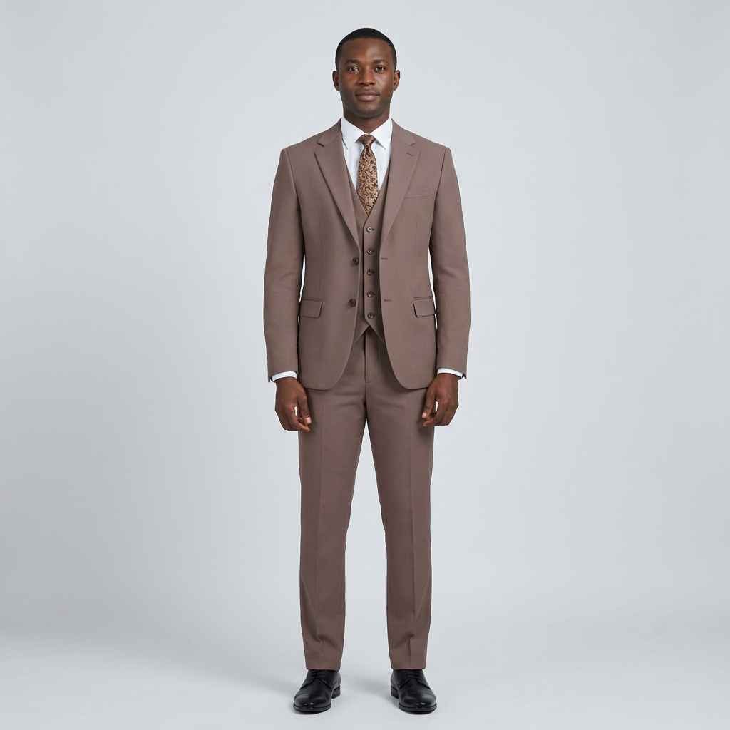 Full-body Black adult model wearing a taupe brown three-piece suit