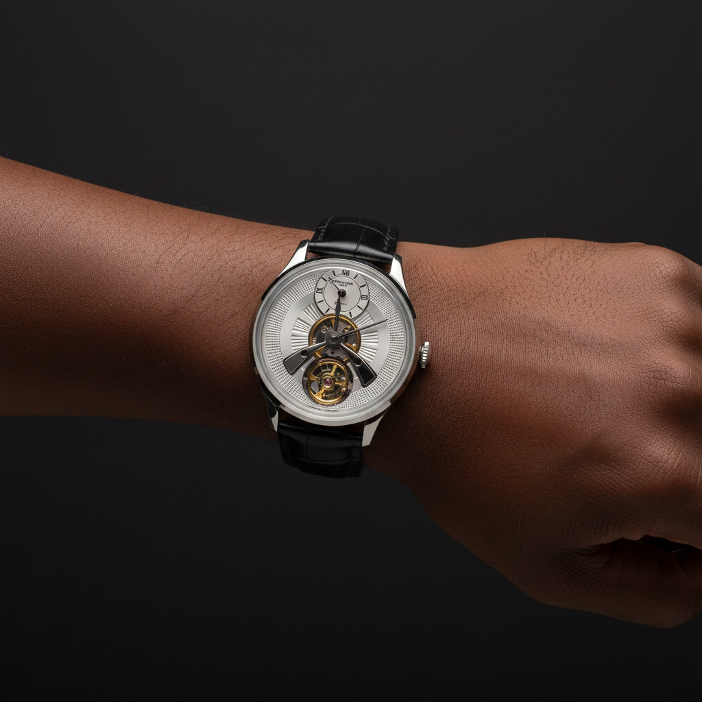 Nigerian male wrist-only shot wearing silver guilloche skeleton automatic watch