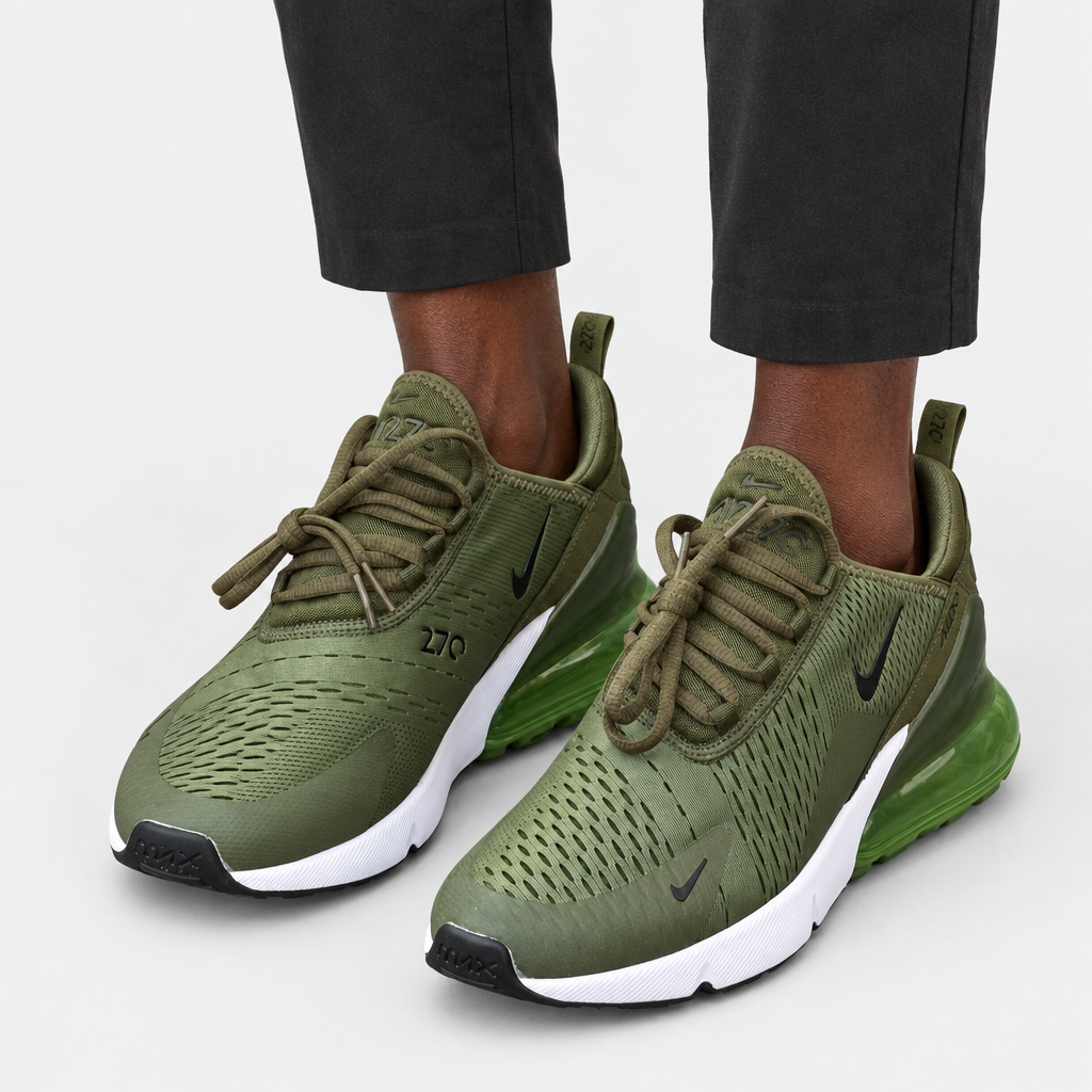 Adult wearing olive green mesh lace-up sneakers