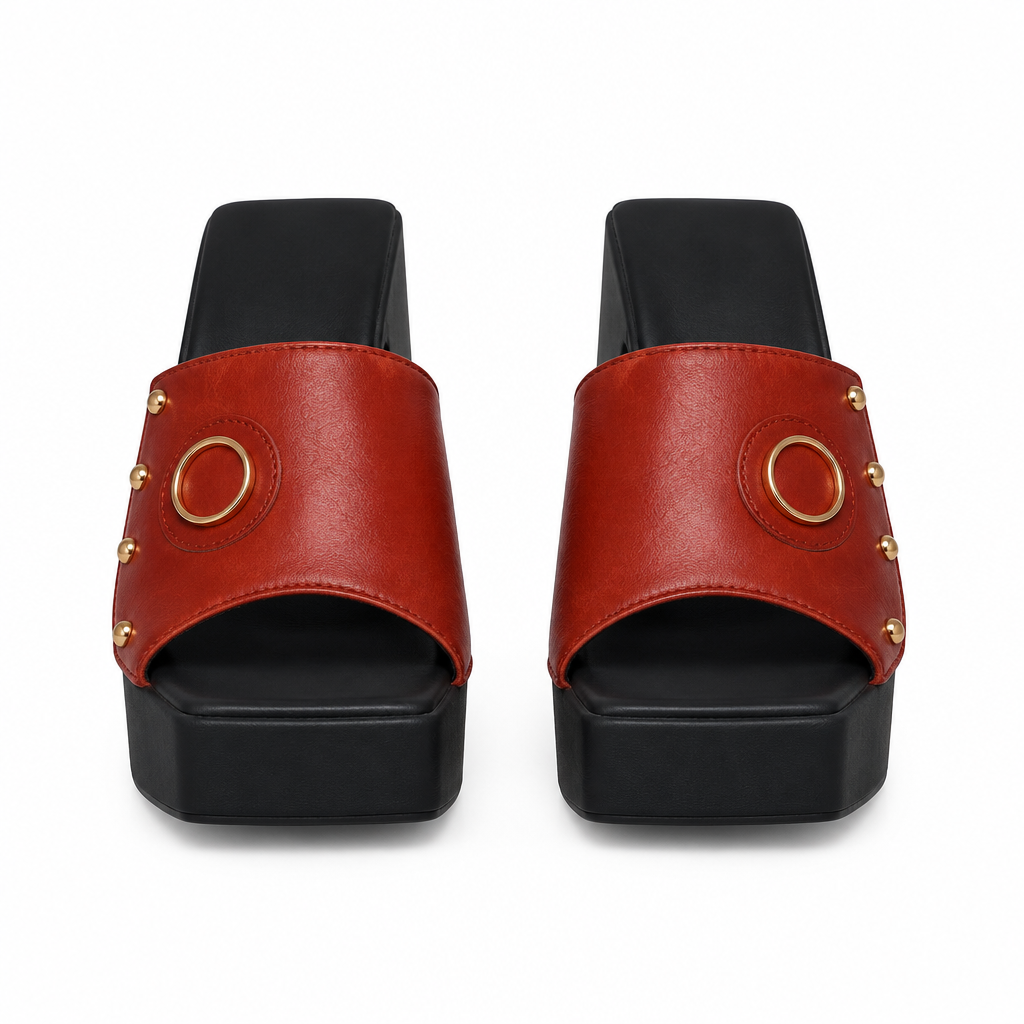 Rust gold-ring studded platform slide sandals, front view
