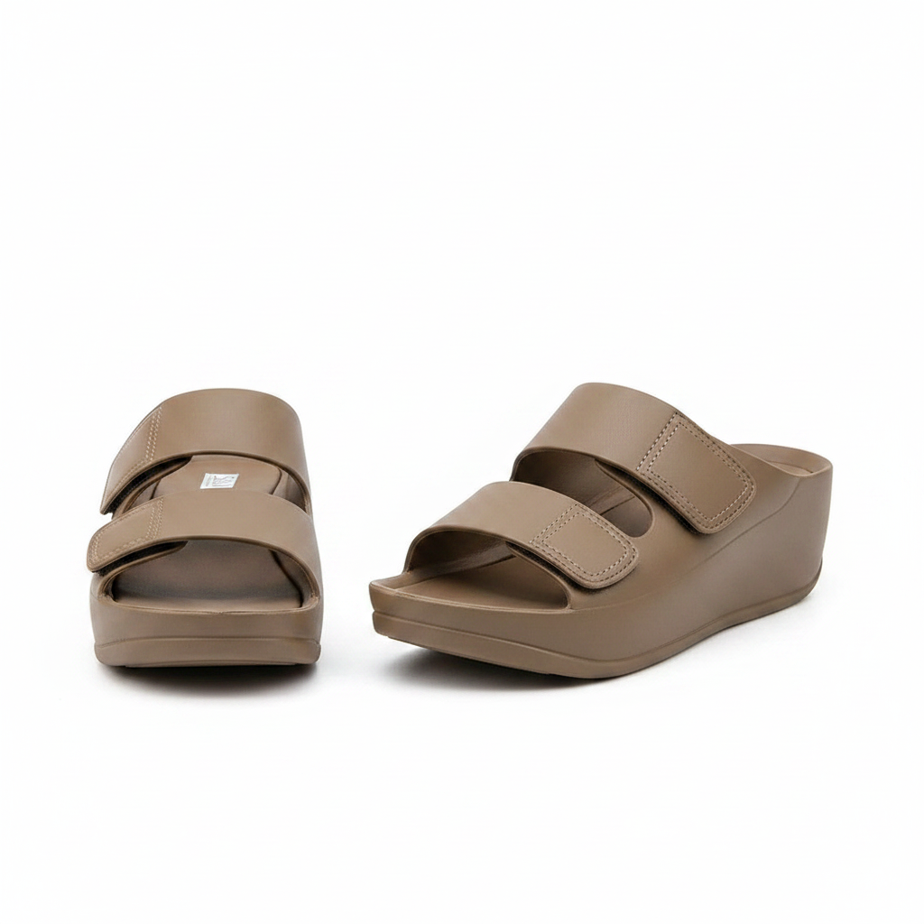 Women's khaki double-strap platform wedge mule slipper - ghost mannequin pair view