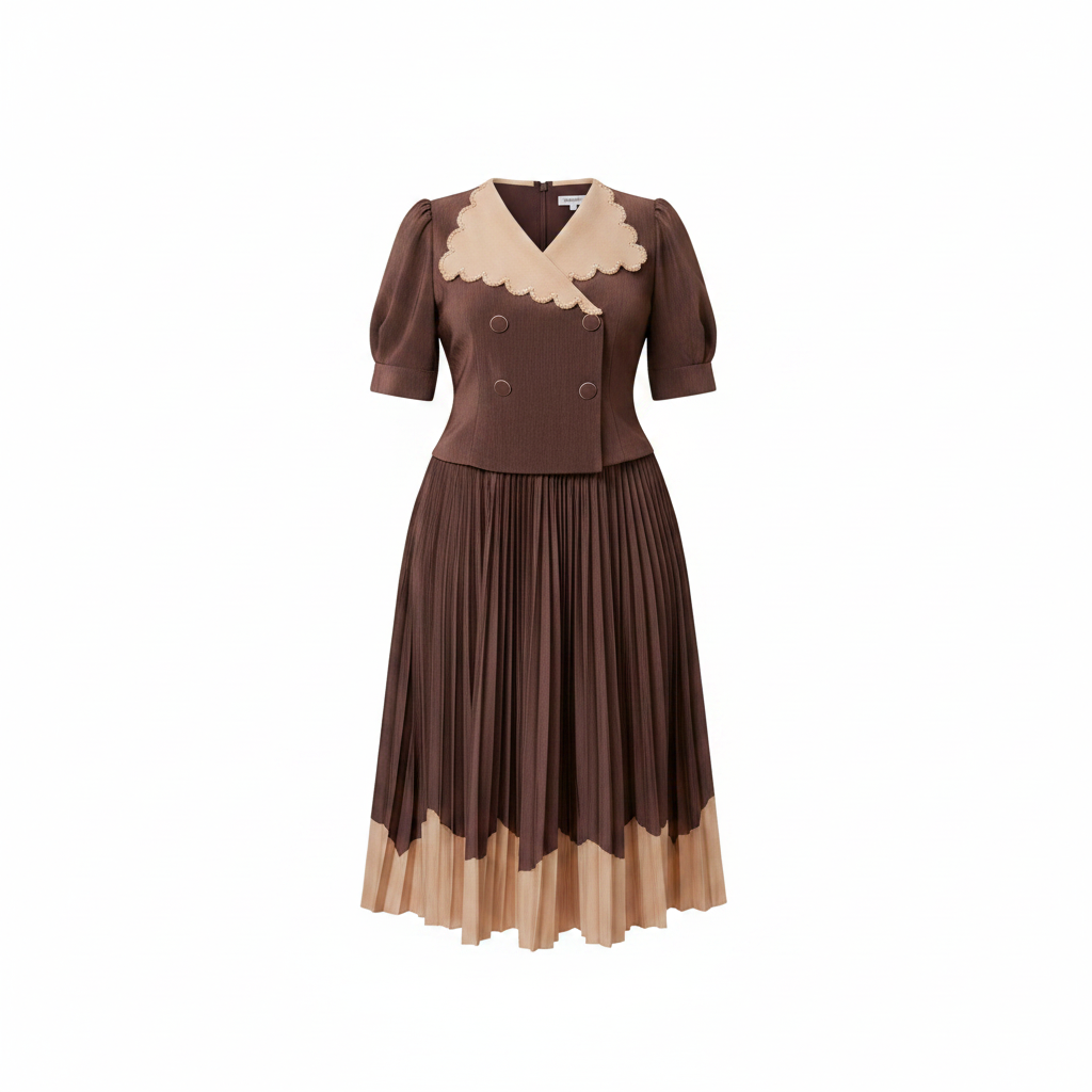 Women's chocolate brown scallop-trim pleated midi gown – ghost mannequin front view