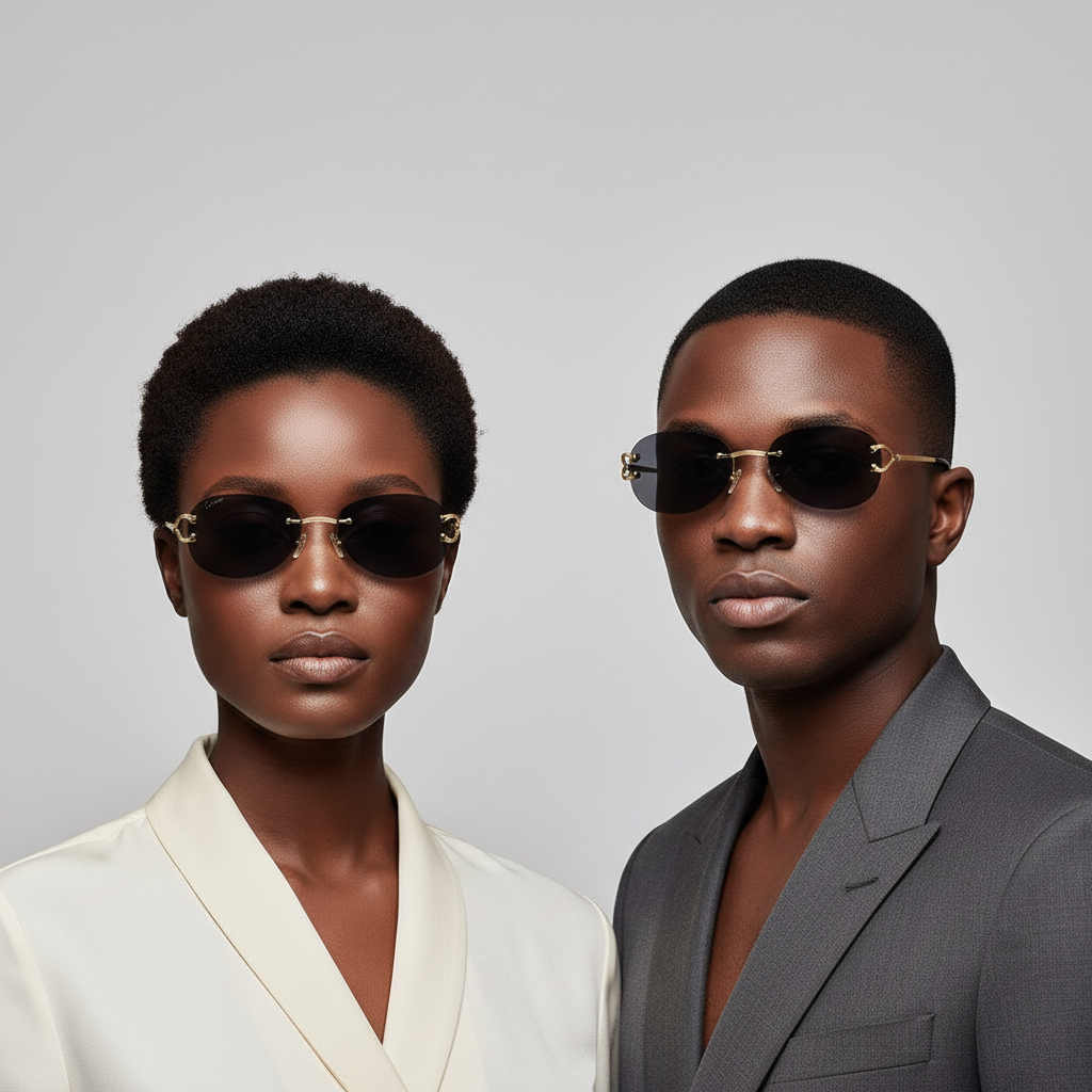 Nigerian female and male models wearing rimless gold bridge aviator sunglasses with dark grey lenses – editorial medium shot professional grey background