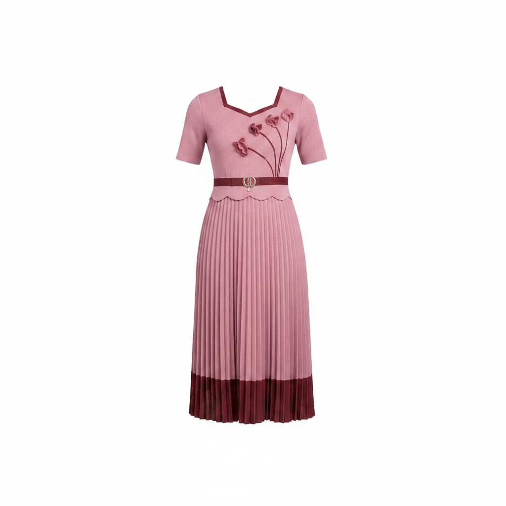 Girls' dusty pink pleated midi dress with floral appliqué ghost mannequin front view