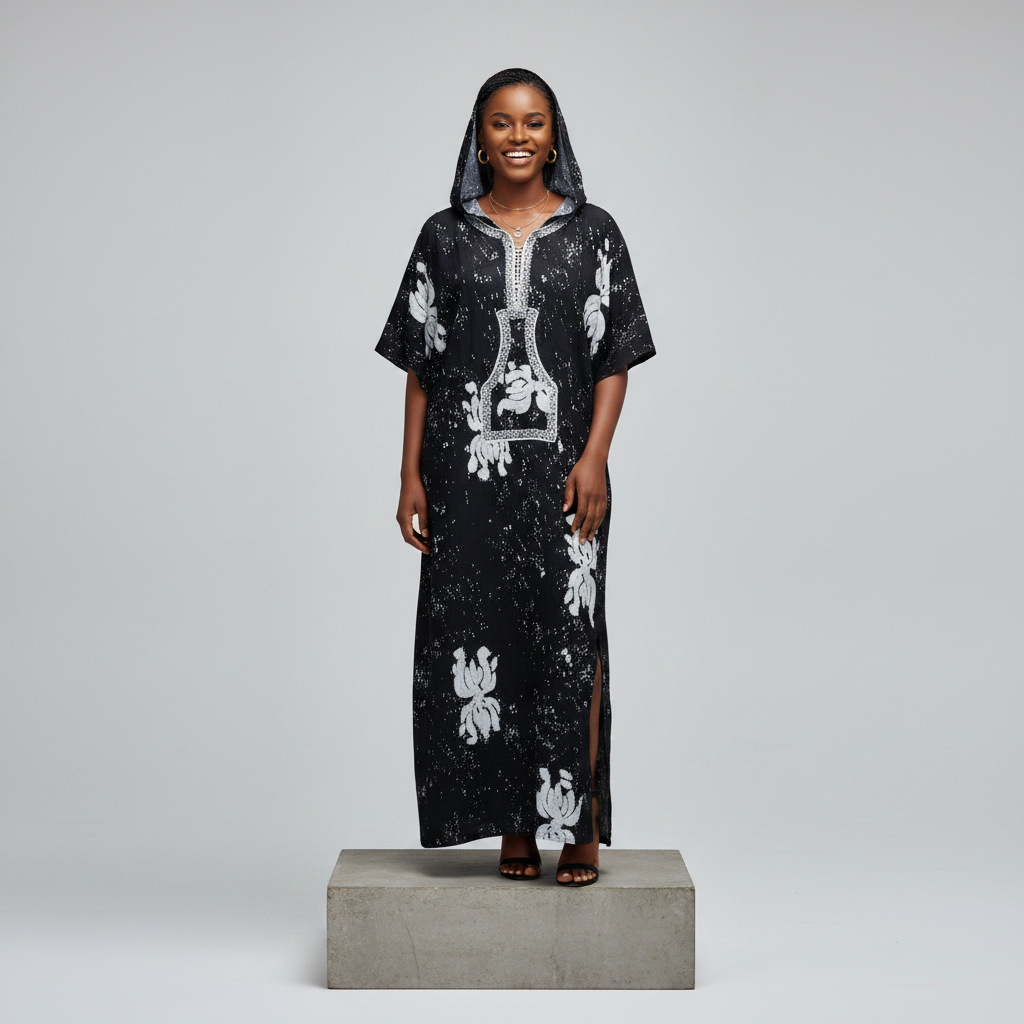 Nigerian female model wearing Black Adire Floral Hooded Long Bubu Gown