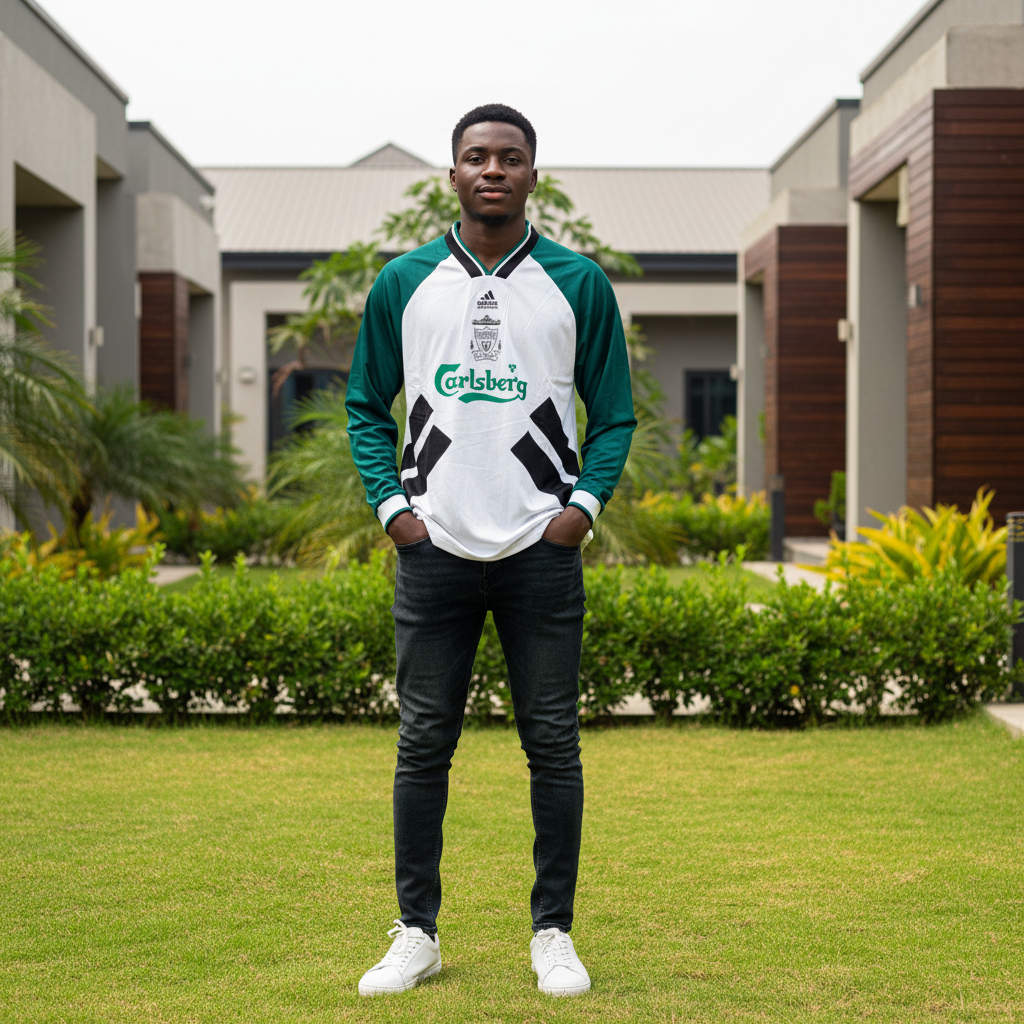 White and green long-sleeve retro football jersey with black cross panel — Nigerian male model front view