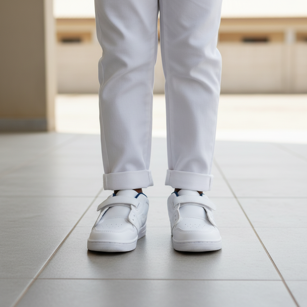 Nigerian child model leg focus shot wearing white and navy velcro low-top sneakers