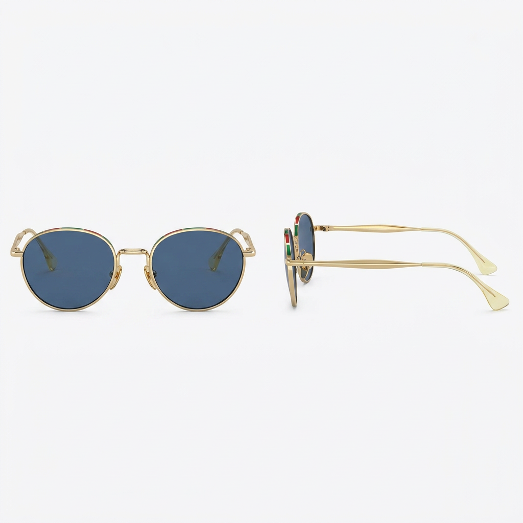 Gold-tone round blue-lens sunglasses with red-and-green rim trim, front and side views