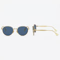 Gold-tone round blue-lens sunglasses with red-and-green rim trim, front and side views