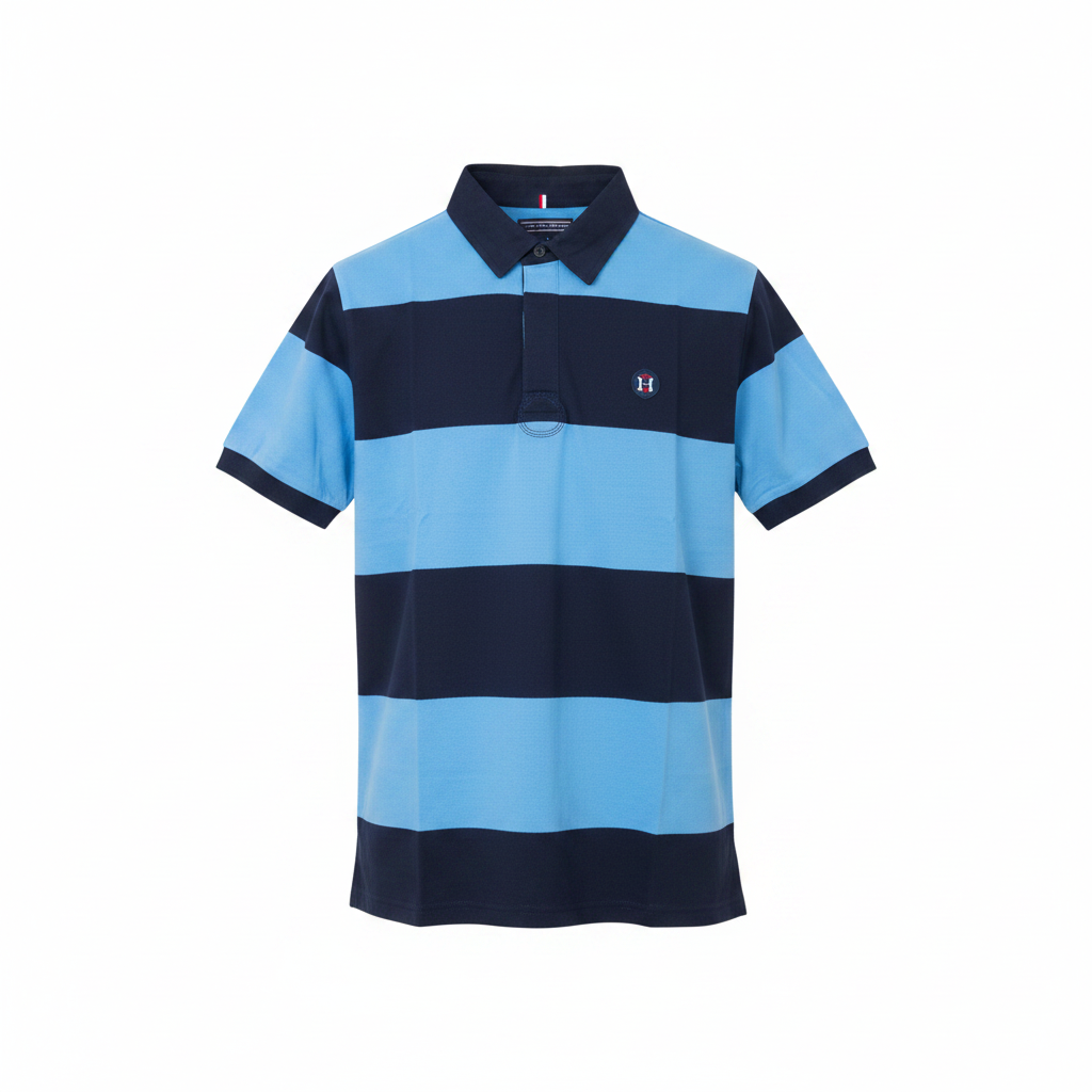 Men's navy and sky blue rugby stripe polo shirt, ghost mannequin front view