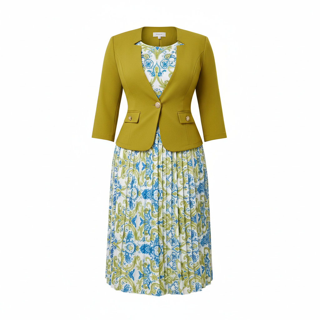 Olive Green Blazer & Baroque Print Pleated Midi Dress Set – Ghost Mannequin