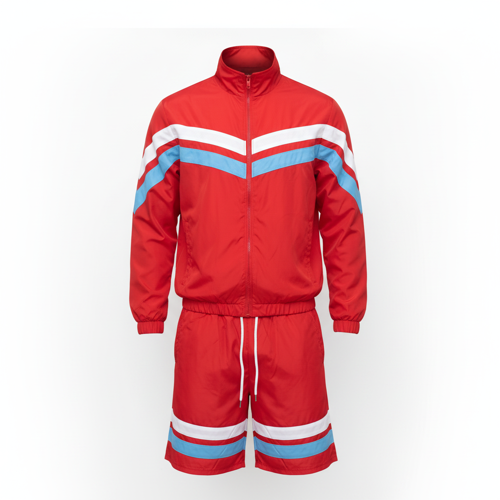 Ghost mannequin view of the red jacket and shorts set with white and blue stripes