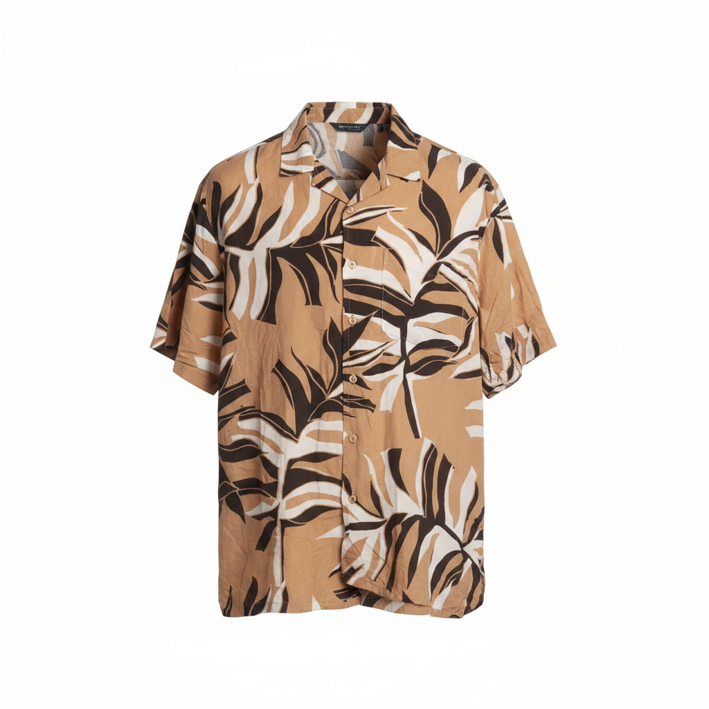 Ghost mannequin view of earth tone abstract leaf print camp collar shirt in camel, brown and white