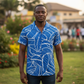 Nigerian male model wearing Blue Tropical Leaf Shirt front view