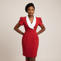 Red White Lapel Puff Sleeve Dress - Front Model
