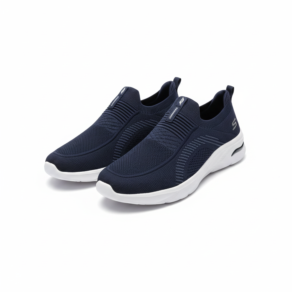 Navy blue knit slip-on sneakers pair with white sole on white background