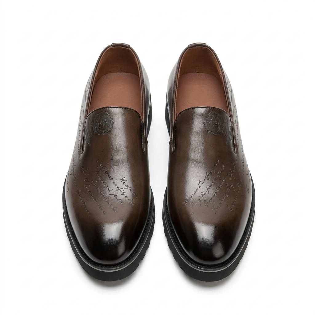 Straight-on brown script-detail slip-on shoes with darker burnished toes