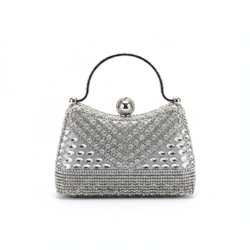 Enemuo Crystal Ball-Clasp Rhinestone Evening Bag in Silver – ghost mannequin on white background