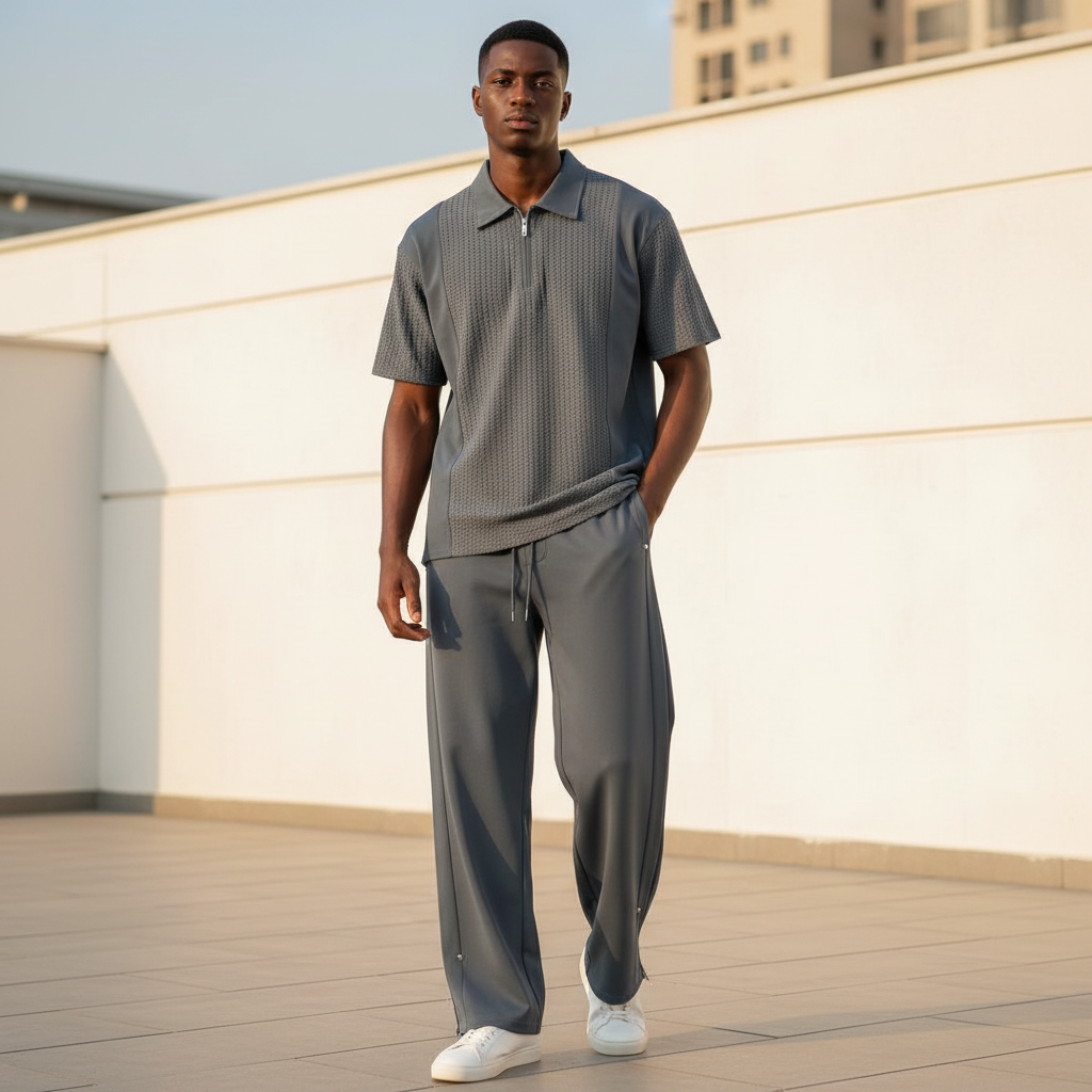 Male model wearing slate grey polo and trouser two-piece set