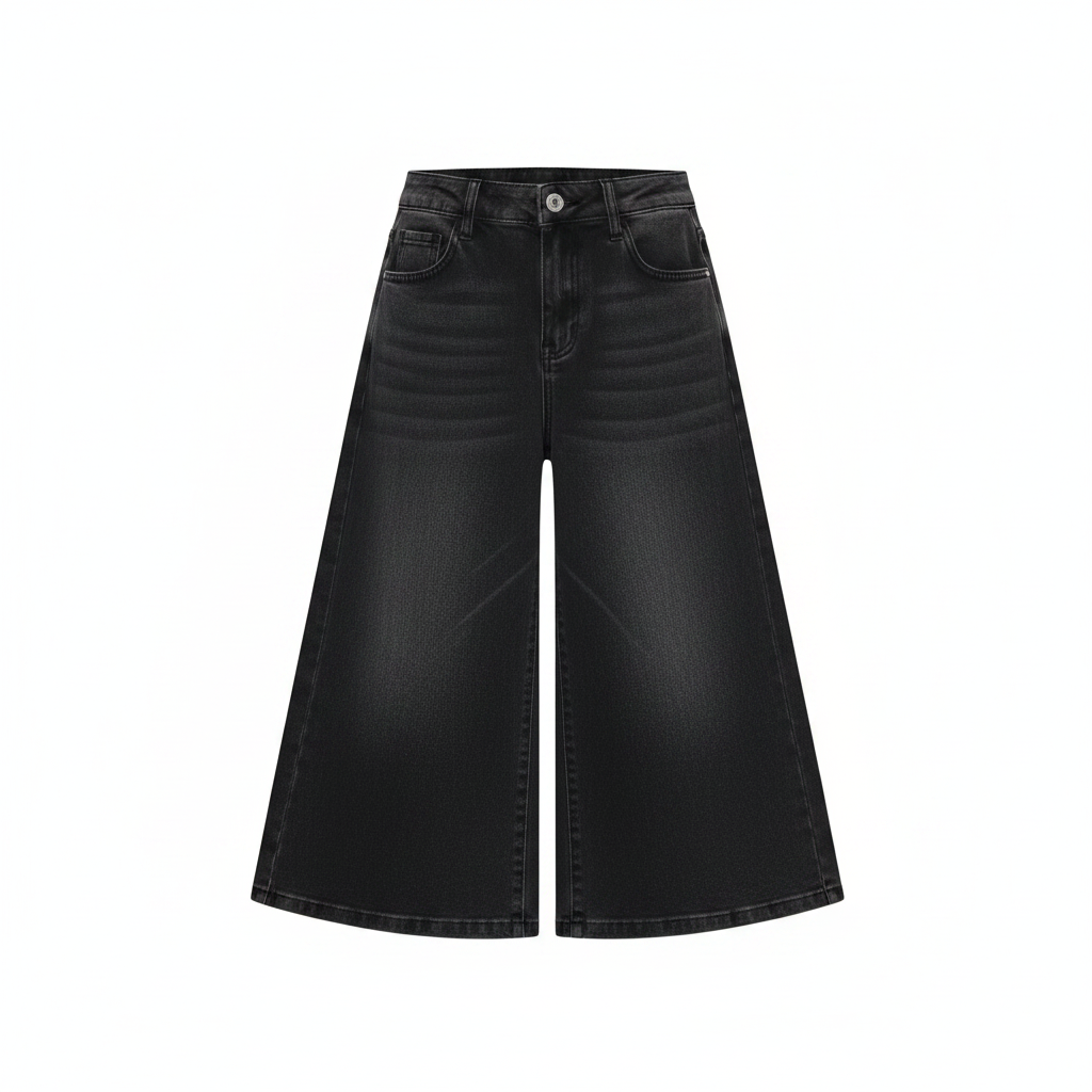 Girls' high-waist washed black denim culottes — ghost mannequin view
