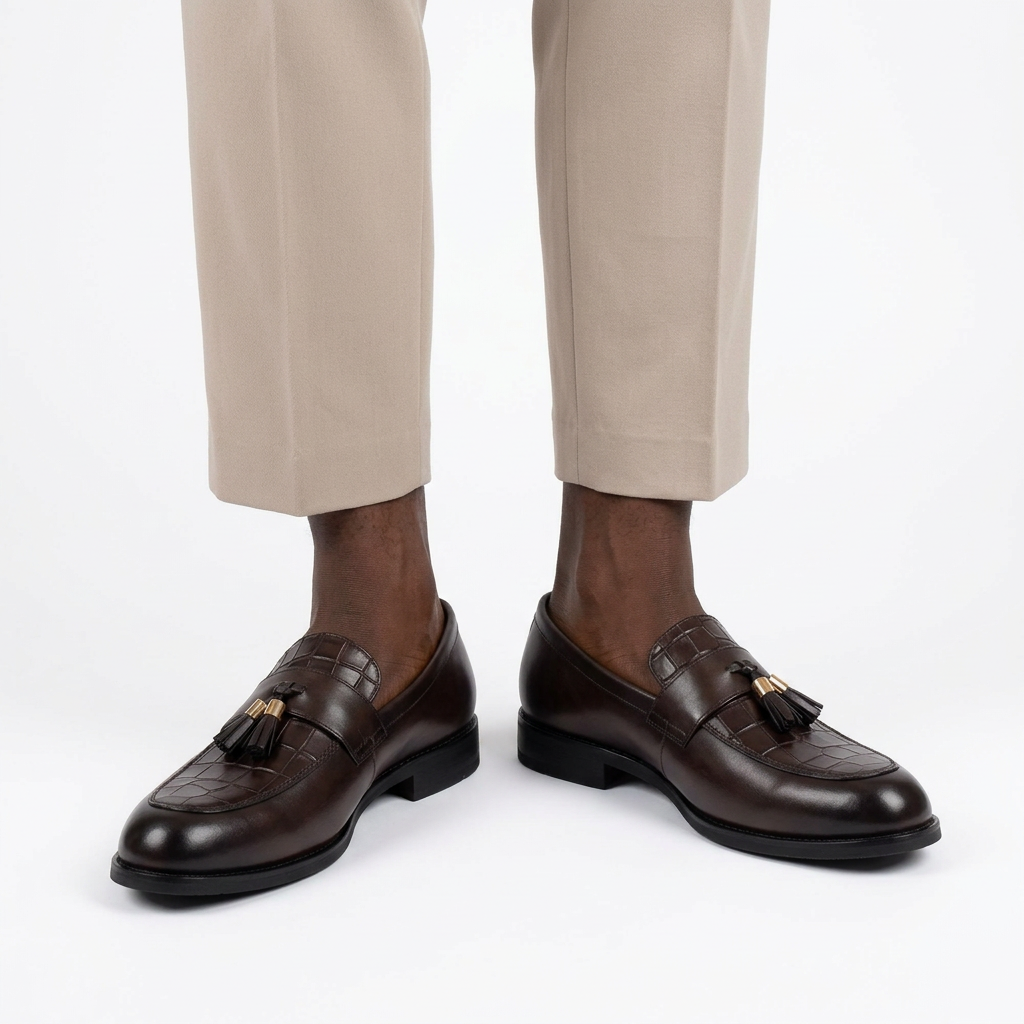 Dark brown tassel loafers worn on both feet by a Black male model on a white studio background