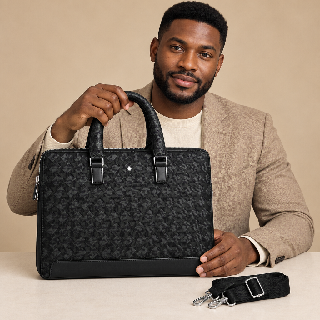 Adult model holding a black basketweave-pattern top-handle bag