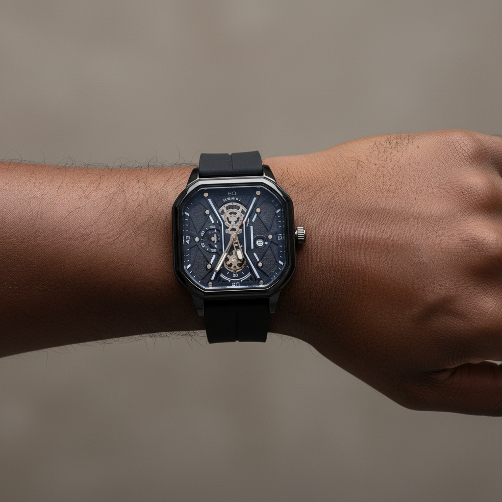 Black strap blue square skeleton-style wristwatch worn on a Black man's wrist
