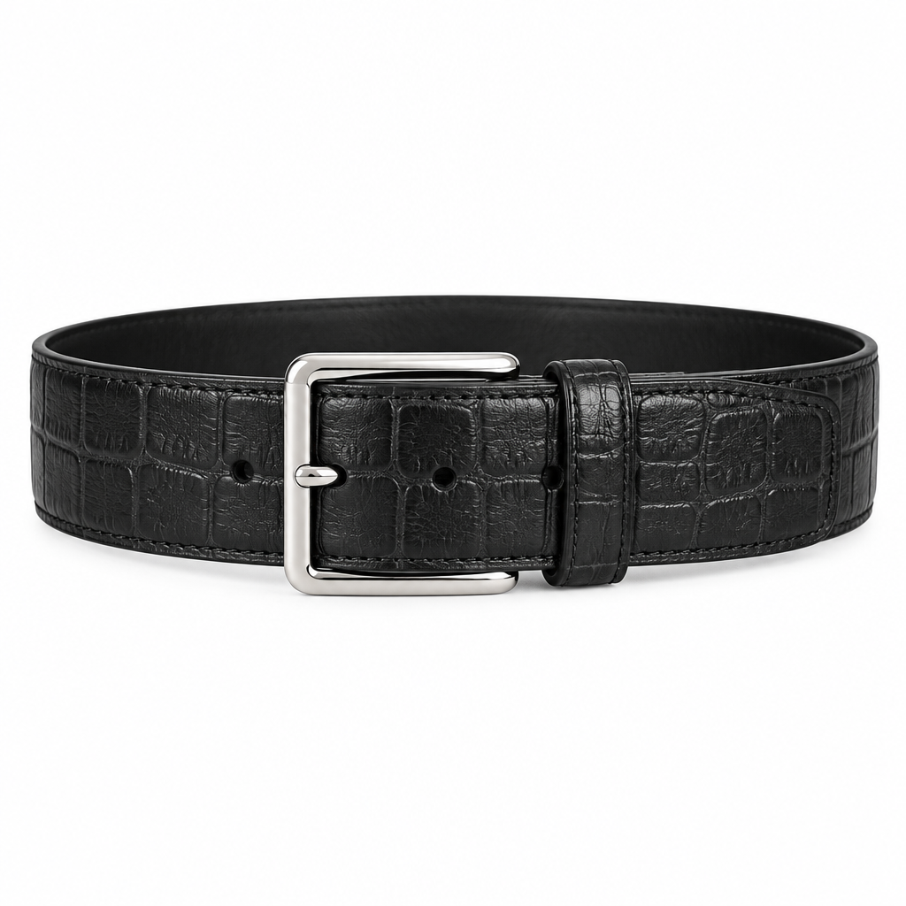 Black Croc Embossed Leather Silver Buckle Belt - Front View