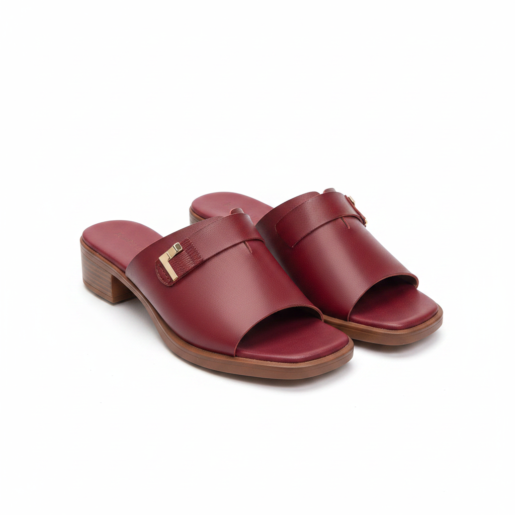 Ghost mannequin pair view of wine red leather T-bar block heel slide mules