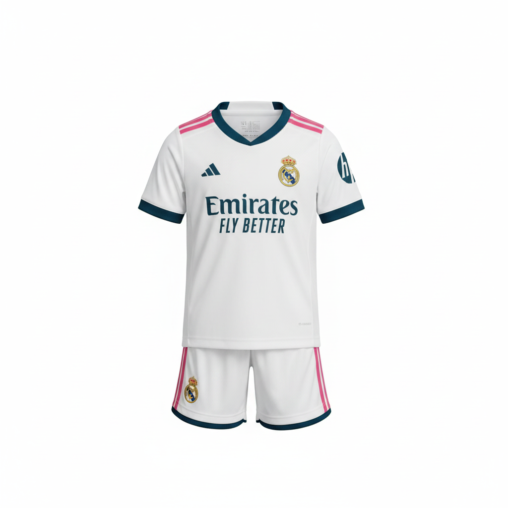 Kids' white, navy & pink football jersey set – ghost mannequin front view on white background
