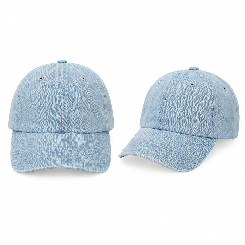 Plain light wash denim baseball cap ghost mannequin front and side view