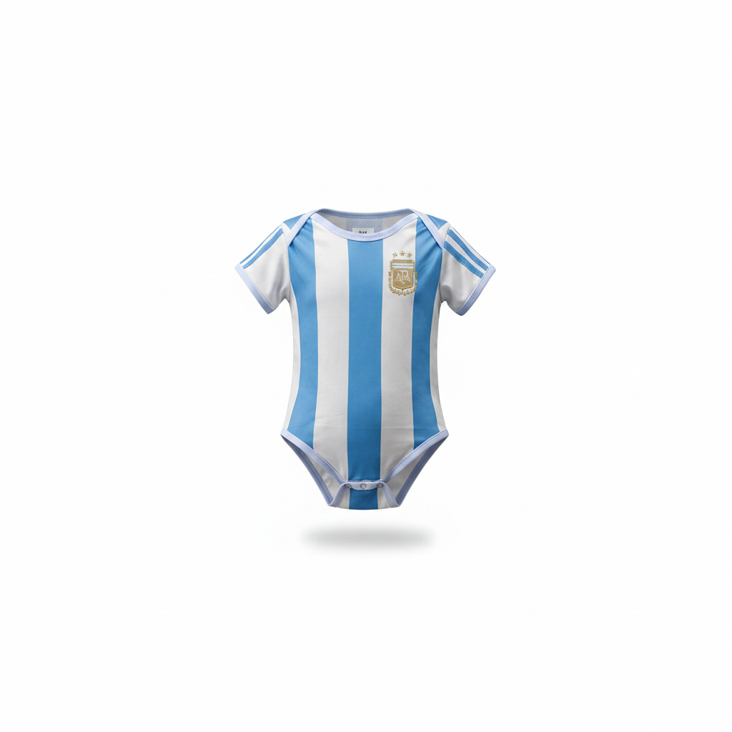 Baby sky blue & white stripe football romper bodysuit – ghost mannequin front view on white background