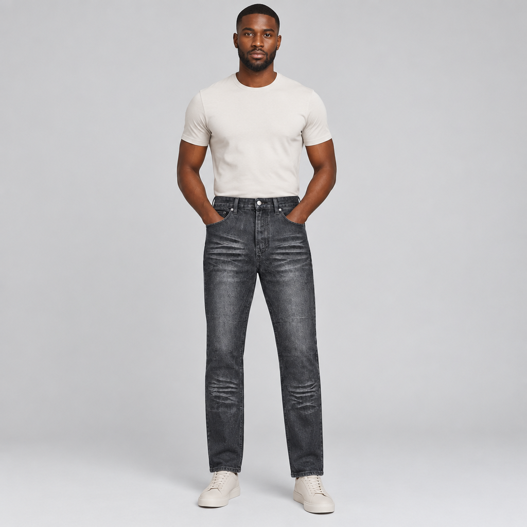 Black Nigerian man wearing dark charcoal washed slim jeans