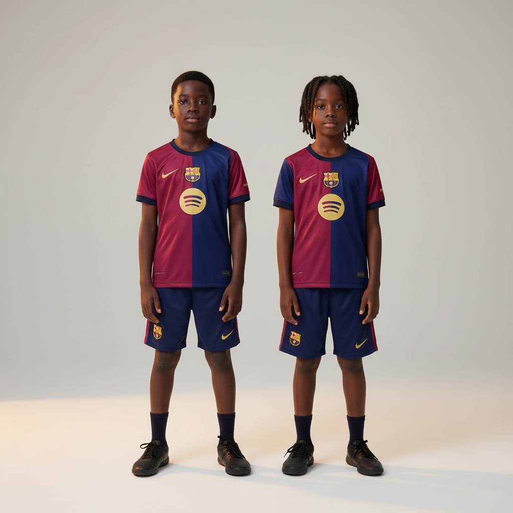 Black Nigerian boy and girl wearing FC Barcelona kids Blaugrana home football kit