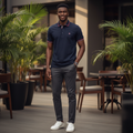 Nigerian male model wearing navy polo shirt with stripe collar and cuffs