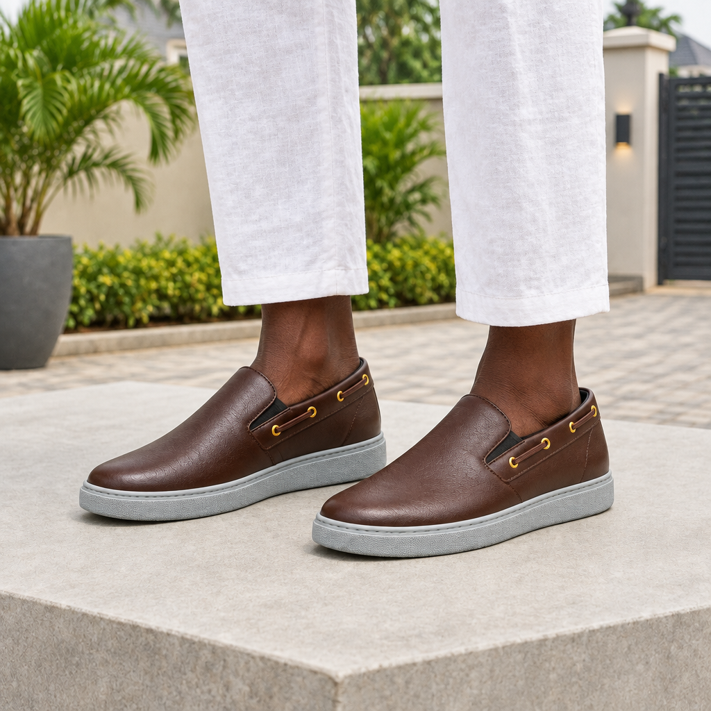 Man wearing chocolate brown boat eyelet slip-on sneakers with white linen trousers
