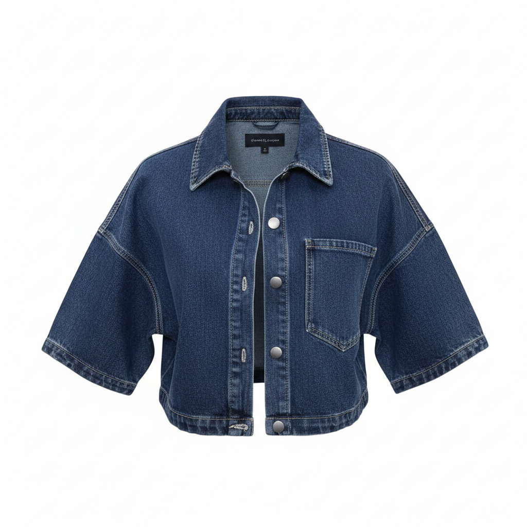 Dark Blue Cropped Short-Sleeve Denim Jacket - Ghost Mannequin Front