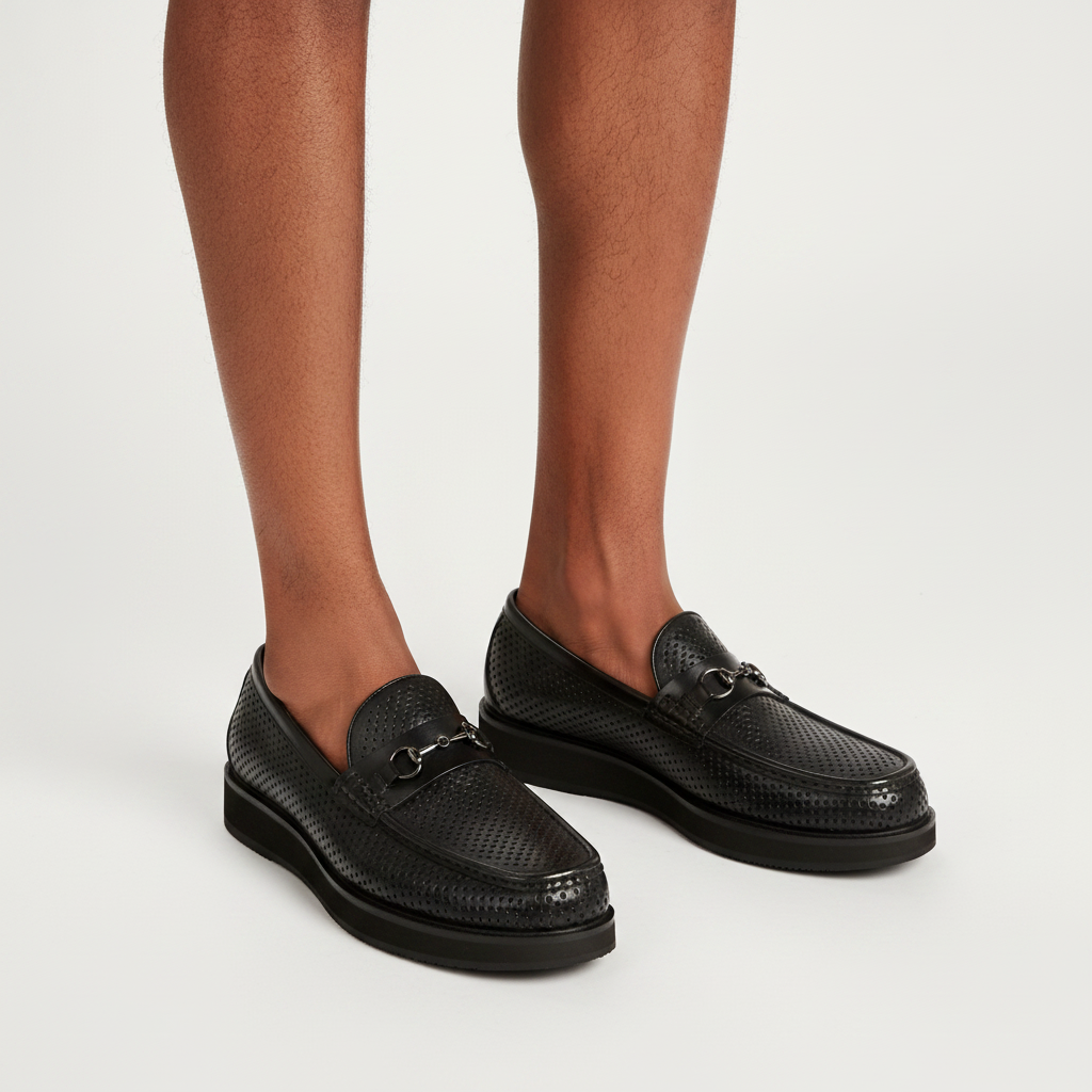 Close-up leg focus of men's black perforated leather horsebit loafer shoes