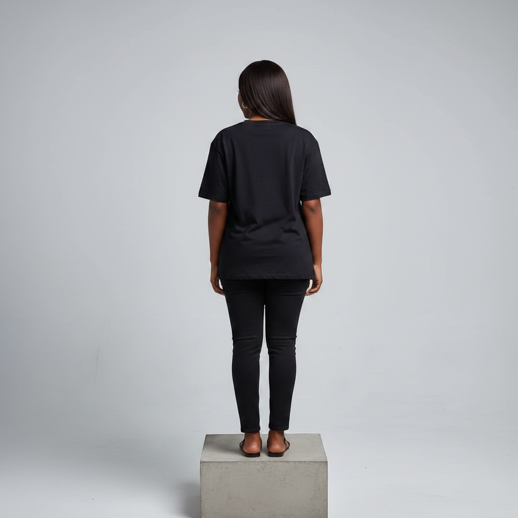 Nigerian female model back view wearing plain black T-shirt with black trousers - consistent model