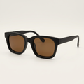 AI-edited catalog image of matte black square sunglasses with brown lenses