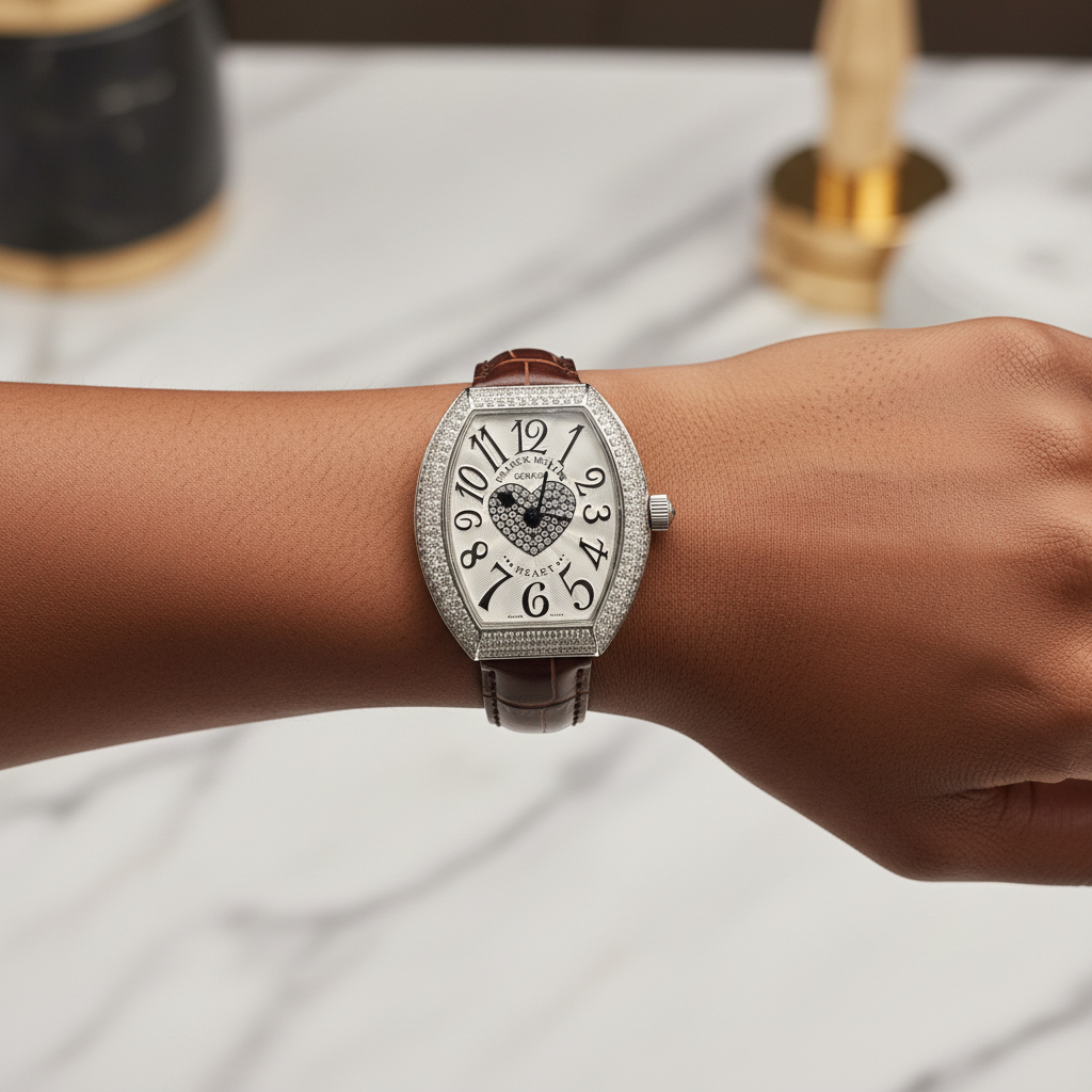 Women's silver diamond bezel crystal heart dial tonneau watch worn on Nigerian model wrist — brown strap lifestyle wrist shot