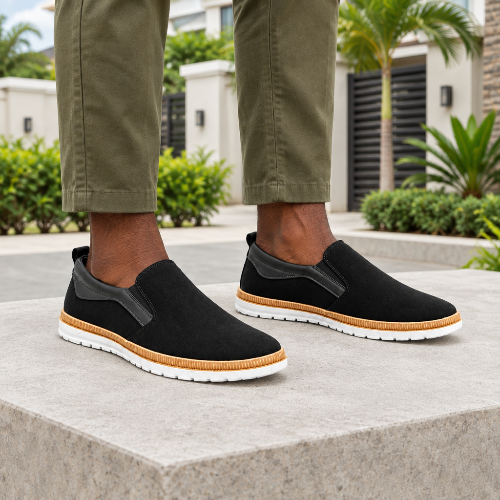 Man wearing black suede slip-on shoes with olive chinos
