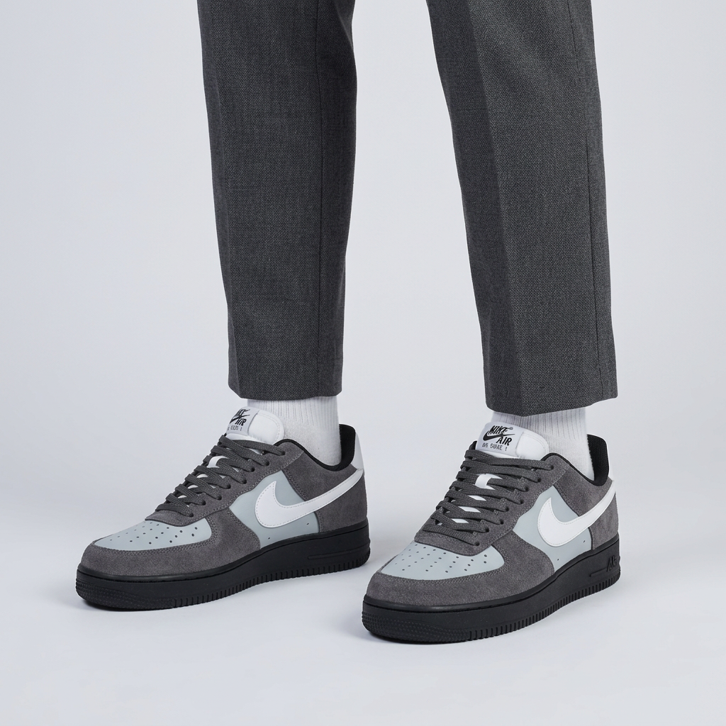 Male model wearing grey contrast-panel sneakers with both shoes visible